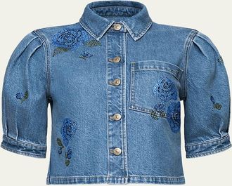 Cinq &agrave; Sept Cropped Heatset Roses Denim Jacket