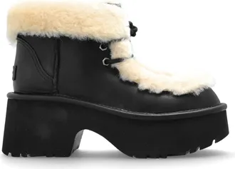 UGG Esmee Leren Veterschoen - Dames - Laarzen met Hak - Zwart - 39 EU - Wol - Schoenen
