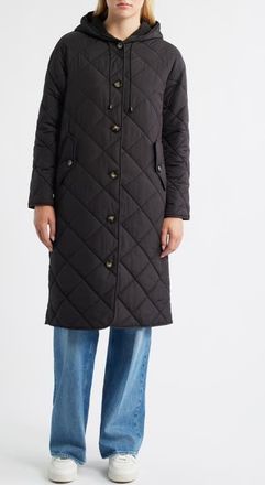 Bernardo Hooded Quilted Longline Jacket in Black at Nordstrom, Size Xx-Large