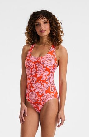 Lands End Chlorine Resistant Scoop Neck X-Back One Piece Swimsuit in Radiant Orange Floral Medley at Nordstrom, Size 12