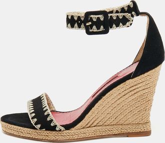 Carolina Herrera Black/beige Suede Wedge Ankle Wrap Espadrilles