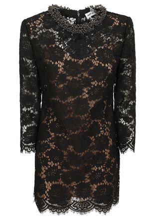 Self Portrait Black Floral Lace Mini Dress With Beaded Neckline