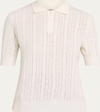 Lisa Yang Cristine Cotton-Cashmere Pointelle Knit Polo Sweater