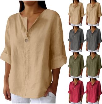 Generic Linen Shirts for Women UK 3/4 Sleeve V Neck Cotton Linen Lightweight Loose Blouses Casual Comfy Plus Size Trendy Solid Ladies T-Shirt Womens Cotton To