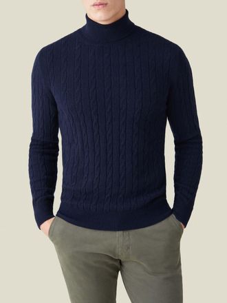 Luca Faloni Rollkragenpullover mit Zopfmuster in Mitternachtsblau aus Kaschmir (2-fädig) für Herren