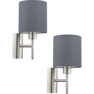 Loops 2 PACK Wall Light Colour Satin Nickel Shade Grey Fabric Rocker Switch E27 1x60W in Metallics