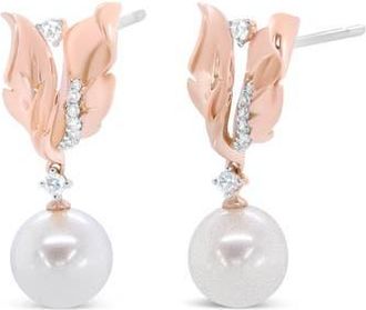 House of Brilliance 14K Rose Gold 1/6 Cttw Round Diamond and 8mm Round Pearl Floral Drop Stud Earrings in Pink at Nordstrom