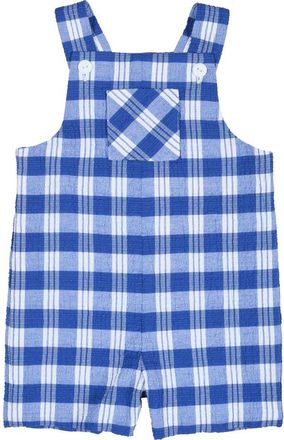 Florence Eiseman Plaid Seersucker Shortall With Front Pocket in Blue /White at Nordstrom, Size 12M