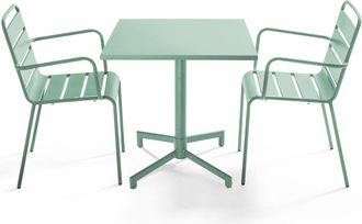 Oviala Mesa de jard&iacute;n de metal de 70 cm y 2 sillas en verde salvia