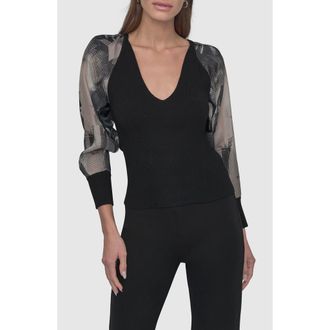 DKNY Mixed Media Long Sleeve Sweater in Black at Nordstrom, Size Medium