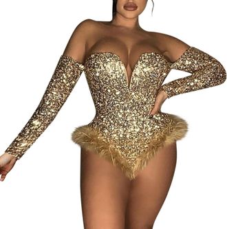 Generic Womens Zipper Offshoulder Sequin Velvet Long Sleeve Bodysuit Sexy Body Suit Tops Rompers Women Casual Sleeves (Gold, XXL)