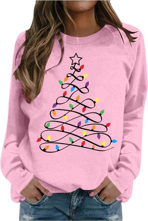 Generic Christmas Jumpers for Women Christmas Tree Jumper Women Long Sleeve Pullover Xmas Tree Print Sweatshirt Fleece Lined Sweaters Tops Autumn WinterCasual