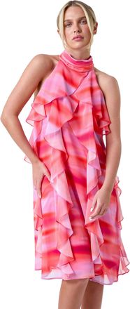 Roman Womens Petite Abstract Halter Neck Ruffle Dress - Orange - Size 10 UK