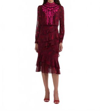 Saloni Isa Ruffle Dress In Astilbe Burgundy Embroidery