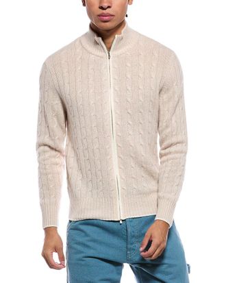 N.Peal N.Peal Contrast Cable Full Zip 100% Cashmere Mock Neck Sweater