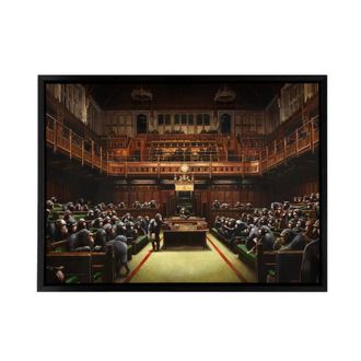Artery8 Banksy Devolved Parliament Chimps Framed Canvas Wall Art Print in Brown | Size: W24 x H32