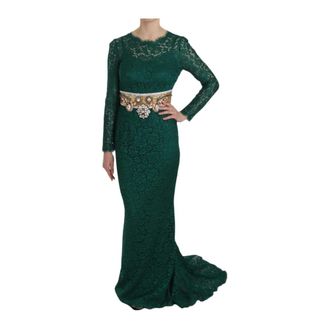 Dolce & Gabbana Kleedjes, Dames, Groen, M, Katoen, Crystal Gold Belt Lace Sheath Gown