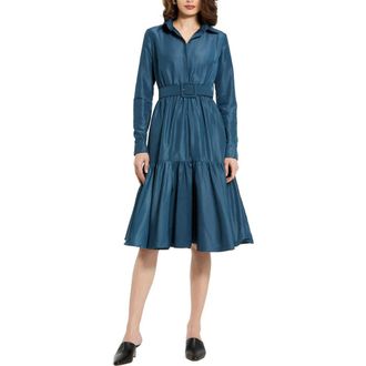 Mac Duggal Faille Long Sleeve Collared Belted Midi Dress in Deep Blue at Nordstrom, Size Large