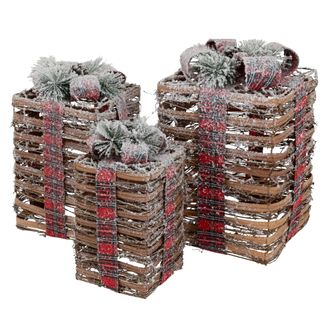 ECD Germany Ecd Germany - Set Decorativo De 3 Cajas De Regalo Navide&ntilde;o Con Luces Led De Rat&aacute;n Marr&oacute;n Con Nieve, Figura De Iluminaci&oacute;n Para &Aacute;rbol De Navidad Blanco