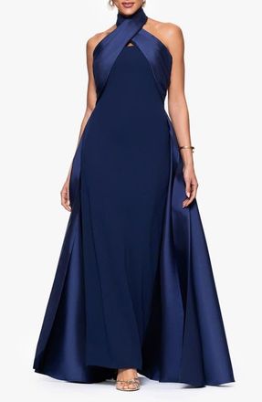 Betsy & Adam Twist Halter Neck Mikado Scuba Crepe Gown in Navy at Nordstrom, Size 14