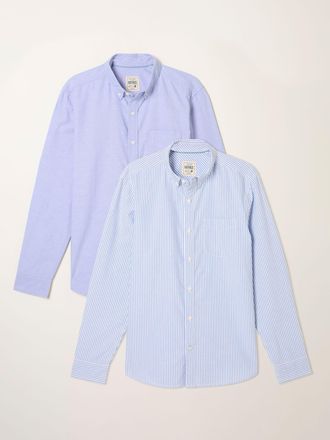 Fat Face FatFace Striped Blue Long Sleeve 2 Pack Oxford Shirts