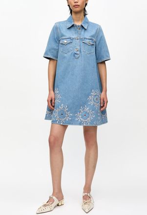 Ganni Blue Broderie Anglaise Mini Dress - Size 32 Organic Cotton