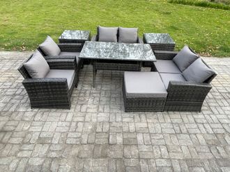 Fimous Rattan Garden Furniture Set Patio Outdoor Lounge Sofa Set with Oblong Dining Table Double Seat Sofa 2 Side Tables in Dark Grey
