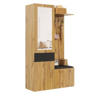 STILVORA Mueble De Entrada Con 5 Ganchos, Espejo, Banco Y Zapatero, Estilo Moderno, En Mdf, Negro Y Natural, 98,5&times;38&times;191 Cm