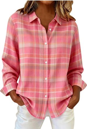 Generic Womens Checked Shirt Long Sleeve Button Down Flannel Blouse Loose Casual Tops Classic Check Design Soft Comfortable Daily Wear Ladies Plaid Shirts for