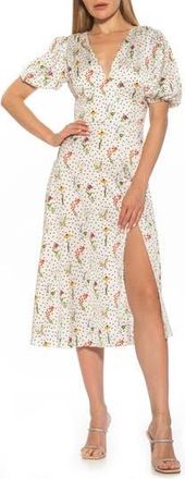 Alexia Admor V-Neck Puff Sleeve Midi Dress in Ivory Ditzy at Nordstrom Rack, Size 8