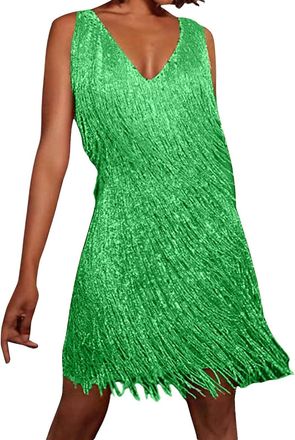 Generic 1920s Flapper Dress for Women Great Gatsby Sequin Fringe Dresses Roaring 20s V Neck Sleeveless Mini Dresses Sparkly Evening Cocktail Party Dress UK Fa
