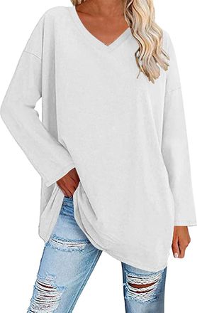 Generic Womens V neck t-shirt, large size top, womens long-sleeved top, plain colour, drop shoulders, chic and elegant, solid tunic, casual, loose tops, pullo