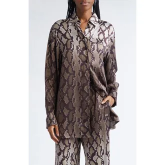 Stella McCartney Snakeskin Print Satin Button-Up Shirt in Natural at Nordstrom Rack, Size 0 Us / 34 It