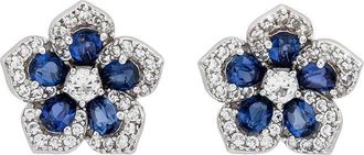 Suzy Levian Flower Silver 0.02 Ct. Tw. Diamond & Sapphire Stud Earrings