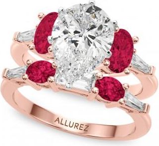 Allurez Pear Lab Grown Diamond & Oval Ruby Bridal Set 18K Rose Gold (5.09ct)
