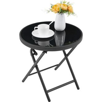 Yaheetech Homevive Mesa Auxiliar De Cristal De 46cm De Di&aacute;metro Redonda Mesa De Caf&eacute; Bistro Port&aacute;til Plegable Mesa De Jard&iacute;n Negro