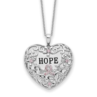 Diamond2Deal Sterling Silver Pink Cubic Zirconia Breast Cancer Heart Necklace