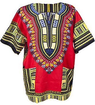 Lofbaz African Dashiki Shirts for Men Women Hippie T Shirt Festival Clothing Print Boho Top 70s Tribal Africa Clothes Red L