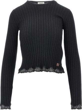 Saint Laurent Ribbed knit top with lace hem Woman S