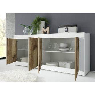 Dmora Credenza Poli, Aparador 2 Estantes, 4 Puertas, 4 Compartimentos, 207x43x86h Cm Blanco Brillante