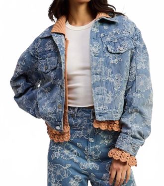 En Saison Opal Cropped Jacket In Medium Wash Denim