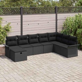 vidaXL Conjunto De Sof&aacute; De Jard&iacute;n Con Coj&iacute;n 8 Pcs Negro Polirat&aacute;n