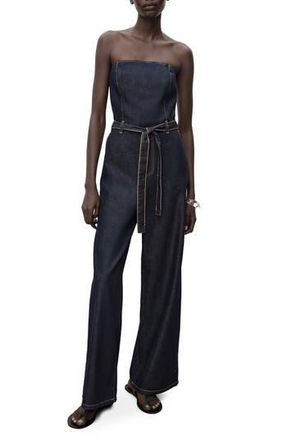 Mango Mono Strapless Tie Waist Denim Jumpsuit in Open Blue at Nordstrom Rack, Size Small