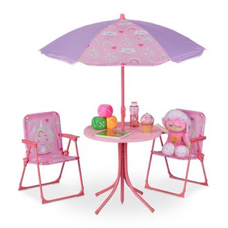 Relaxdays Relaxdays - Mobiliario Infantil Jard&iacute;n, Estampado Unicornio, Sombrilla De Playa, Sillas Plegables, Mesa Para Ni&ntilde;os, Rosa