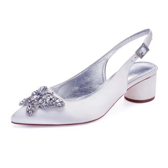 Generic Womens Chunky Heels Pointed Toe Wedding Shoes Satin Low Heels Elegant Bridal Slingback Party Evening Dress Shoes 4.5Cm,White,2 UK