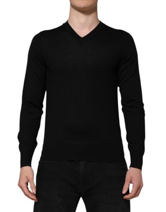 Dolce & Gabbana Mens Vneck Wool Long Sleeve Knit - Black - Size EU 54 (Mens)