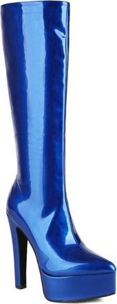 Generic Womens Pointed Toe Platform Metallic Knee High Boots Slim Stretch Wide Calf Side Zipper Block Heels Party Catwalk Shoes (7.5,Blue)