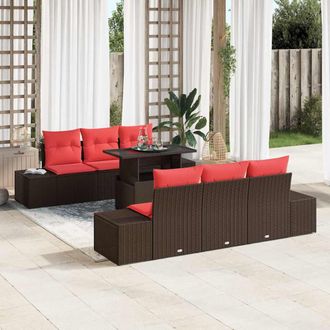 vidaXL Vidaxl Set Di Divani 7 Pz 6-numero Di Posti Marrone E Rosso Polyrattan