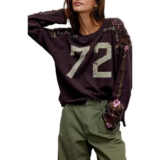 Free People Lilith Floral Embroidered Cotton Graphic Football T-Shirt in Chocolate at Nordstrom, Size Medium