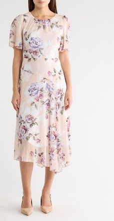 Connected Yoryu Flutter Sleeve Asymmetric Midi Dress in Blush at Nordstrom Rack, Size 10